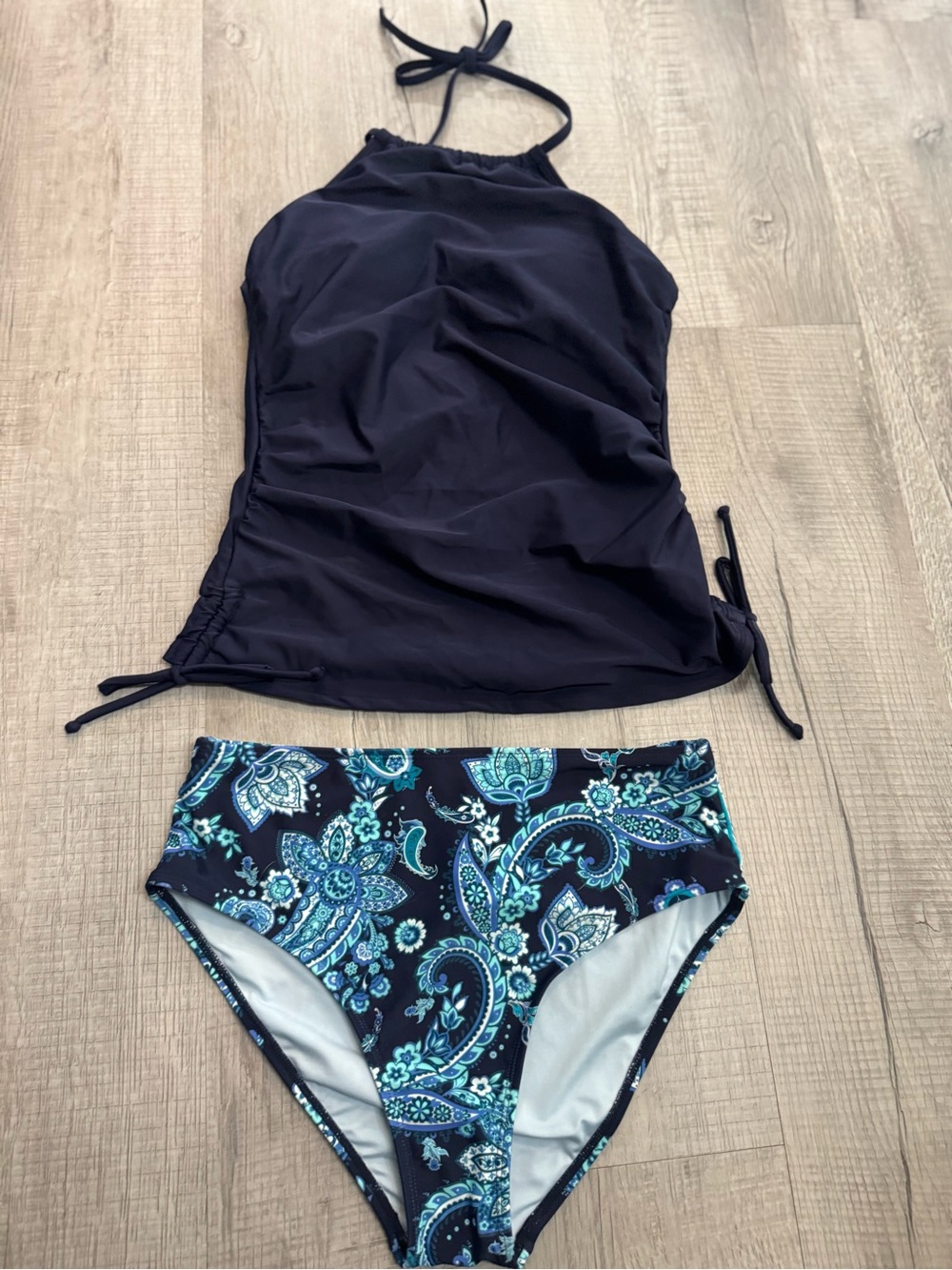 Cupshe Navy Halter Tankini with Blue Paisley High-Waist Bottoms